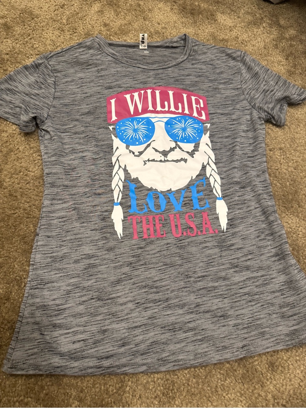 Source Unknown Gray Graphic Tee with Pink & Blue Print